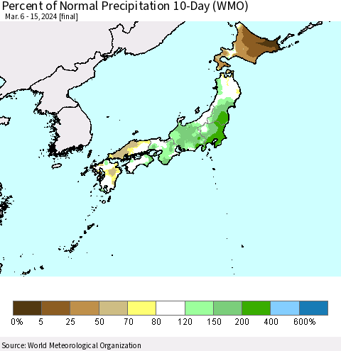 Japan Percent of Normal Precipitation 10-Day (WMO) Thematic Map For 3/6/2024 - 3/15/2024