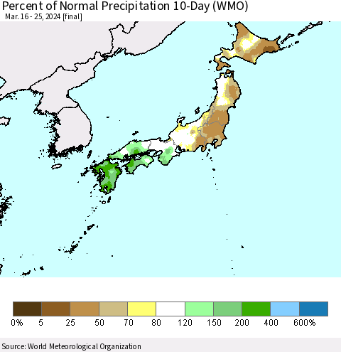 Japan Percent of Normal Precipitation 10-Day (WMO) Thematic Map For 3/16/2024 - 3/25/2024