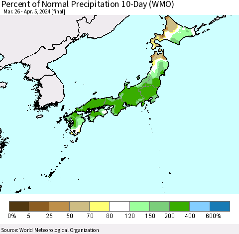 Japan Percent of Normal Precipitation 10-Day (WMO) Thematic Map For 3/26/2024 - 4/5/2024