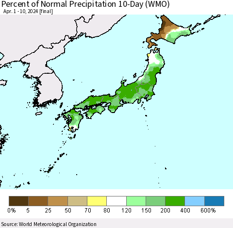 Japan Percent of Normal Precipitation 10-Day (WMO) Thematic Map For 4/1/2024 - 4/10/2024