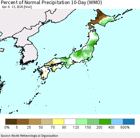 Japan Percent of Normal Precipitation 10-Day (WMO) Thematic Map For 4/6/2024 - 4/15/2024