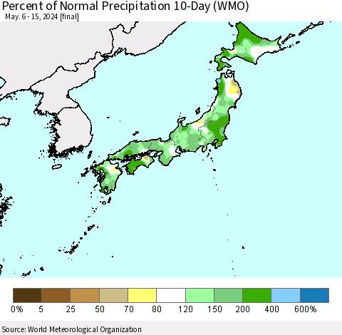 Japan Percent of Normal Precipitation 10-Day (WMO) Thematic Map For 5/6/2024 - 5/15/2024