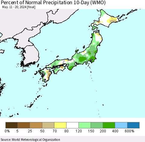 Japan Percent of Normal Precipitation 10-Day (WMO) Thematic Map For 5/11/2024 - 5/20/2024