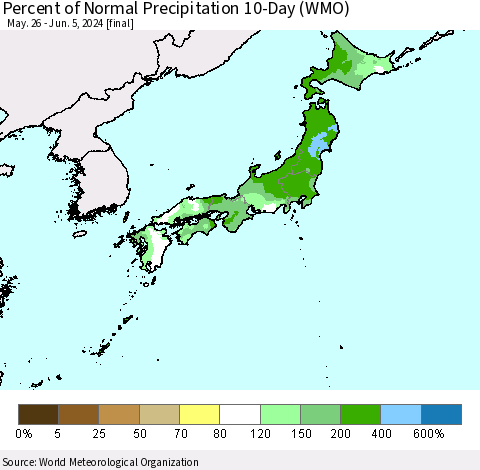 Japan Percent of Normal Precipitation 10-Day (WMO) Thematic Map For 5/26/2024 - 6/5/2024