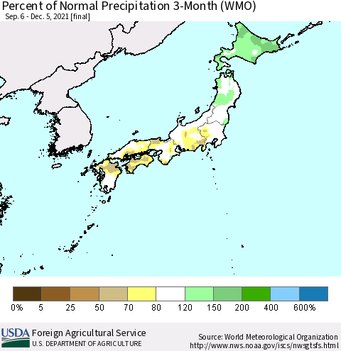 Japan Percent of Normal Precipitation 3-Month (WMO) Thematic Map For 9/6/2021 - 12/5/2021