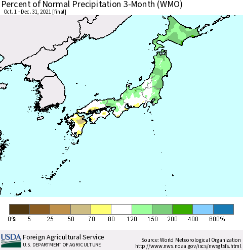 Japan Percent of Normal Precipitation 3-Month (WMO) Thematic Map For 10/1/2021 - 12/31/2021