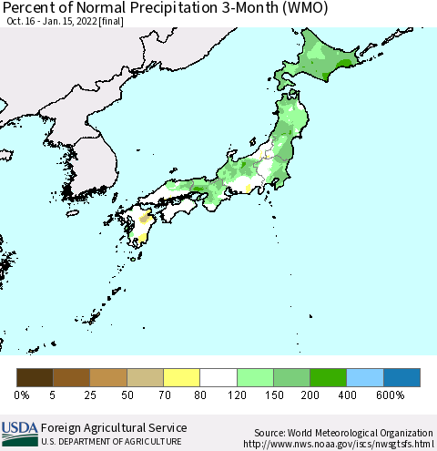 Japan Percent of Normal Precipitation 3-Month (WMO) Thematic Map For 10/16/2021 - 1/15/2022