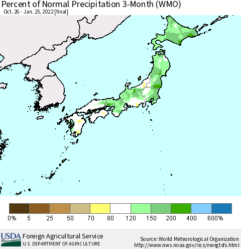 Japan Percent of Normal Precipitation 3-Month (WMO) Thematic Map For 10/26/2021 - 1/25/2022