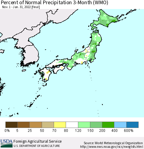 Japan Percent of Normal Precipitation 3-Month (WMO) Thematic Map For 11/1/2021 - 1/31/2022