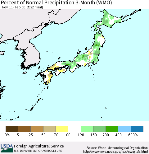 Japan Percent of Normal Precipitation 3-Month (WMO) Thematic Map For 11/11/2021 - 2/10/2022