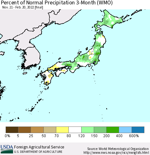 Japan Percent of Normal Precipitation 3-Month (WMO) Thematic Map For 11/21/2021 - 2/20/2022