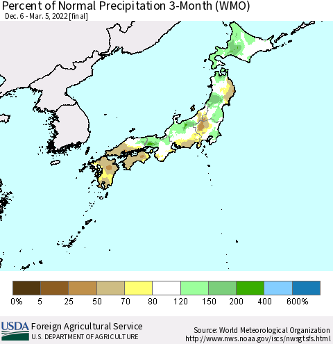Japan Percent of Normal Precipitation 3-Month (WMO) Thematic Map For 12/6/2021 - 3/5/2022