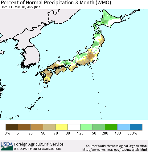 Japan Percent of Normal Precipitation 3-Month (WMO) Thematic Map For 12/11/2021 - 3/10/2022