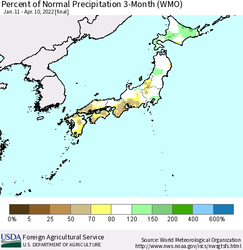 Japan Percent of Normal Precipitation 3-Month (WMO) Thematic Map For 1/11/2022 - 4/10/2022