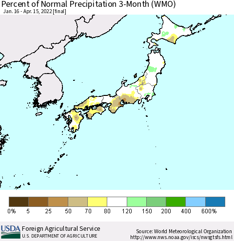 Japan Percent of Normal Precipitation 3-Month (WMO) Thematic Map For 1/16/2022 - 4/15/2022