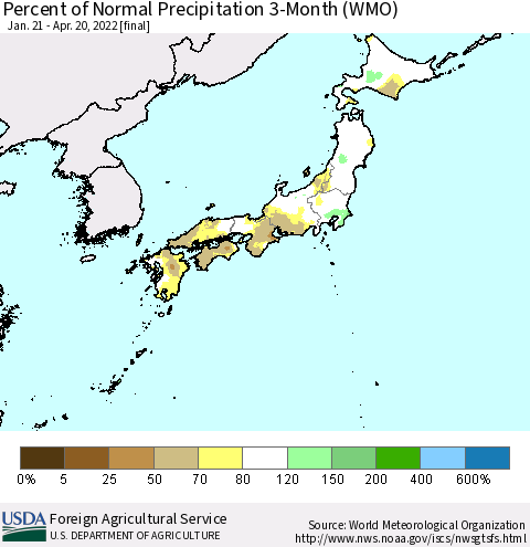 Japan Percent of Normal Precipitation 3-Month (WMO) Thematic Map For 1/21/2022 - 4/20/2022