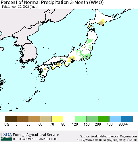 Japan Percent of Normal Precipitation 3-Month (WMO) Thematic Map For 2/1/2022 - 4/30/2022