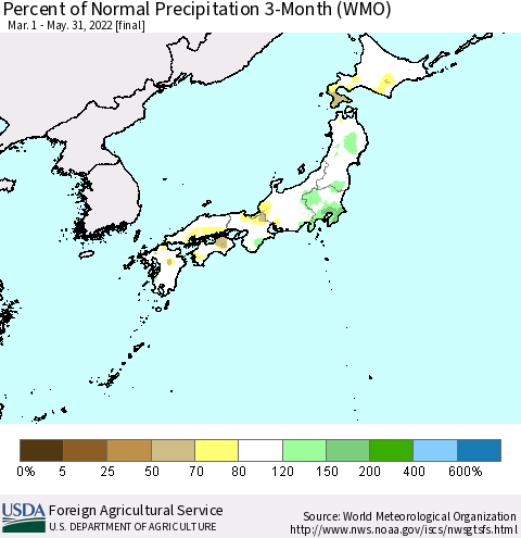 Japan Percent of Normal Precipitation 3-Month (WMO) Thematic Map For 3/1/2022 - 5/31/2022