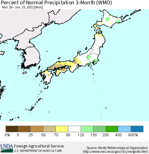 Japan Percent of Normal Precipitation 3-Month (WMO) Thematic Map For 3/26/2022 - 6/25/2022