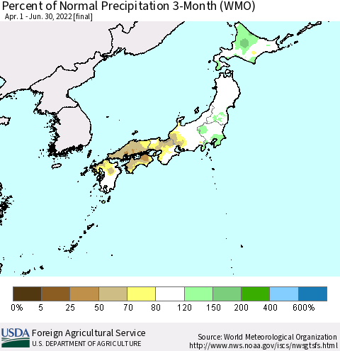 Japan Percent of Normal Precipitation 3-Month (WMO) Thematic Map For 4/1/2022 - 6/30/2022