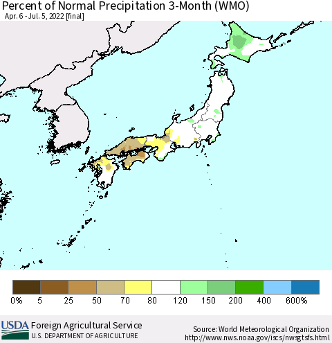Japan Percent of Normal Precipitation 3-Month (WMO) Thematic Map For 4/6/2022 - 7/5/2022