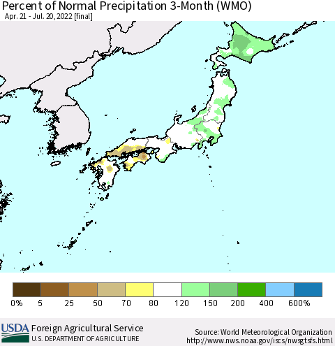 Japan Percent of Normal Precipitation 3-Month (WMO) Thematic Map For 4/21/2022 - 7/20/2022