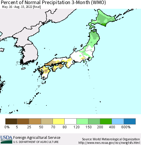 Japan Percent of Normal Precipitation 3-Month (WMO) Thematic Map For 5/16/2022 - 8/15/2022