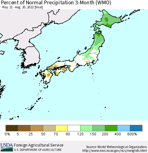 Japan Percent of Normal Precipitation 3-Month (WMO) Thematic Map For 5/21/2022 - 8/20/2022