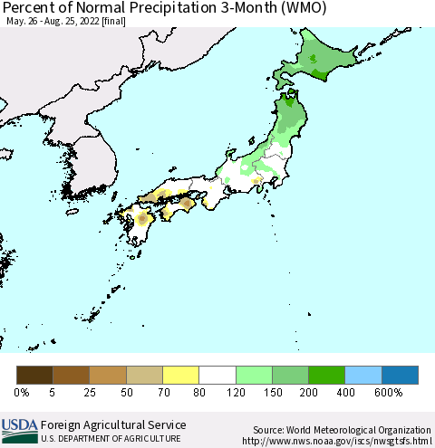 Japan Percent of Normal Precipitation 3-Month (WMO) Thematic Map For 5/26/2022 - 8/25/2022