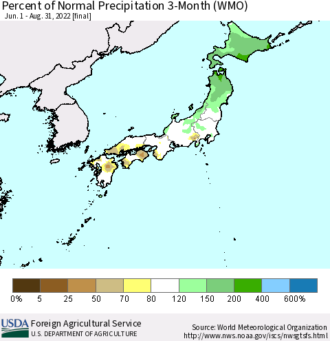 Japan Percent of Normal Precipitation 3-Month (WMO) Thematic Map For 6/1/2022 - 8/31/2022