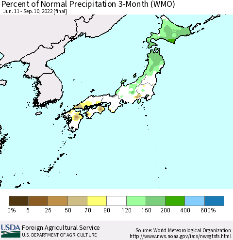 Japan Percent of Normal Precipitation 3-Month (WMO) Thematic Map For 6/11/2022 - 9/10/2022