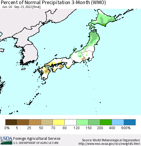 Japan Percent of Normal Precipitation 3-Month (WMO) Thematic Map For 6/16/2022 - 9/15/2022