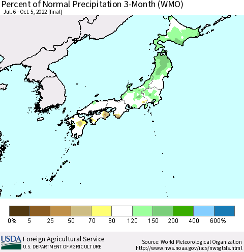 Japan Percent of Normal Precipitation 3-Month (WMO) Thematic Map For 7/6/2022 - 10/5/2022