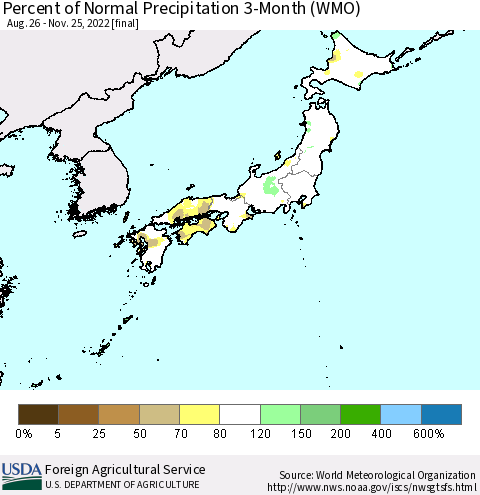 Japan Percent of Normal Precipitation 3-Month (WMO) Thematic Map For 8/26/2022 - 11/25/2022