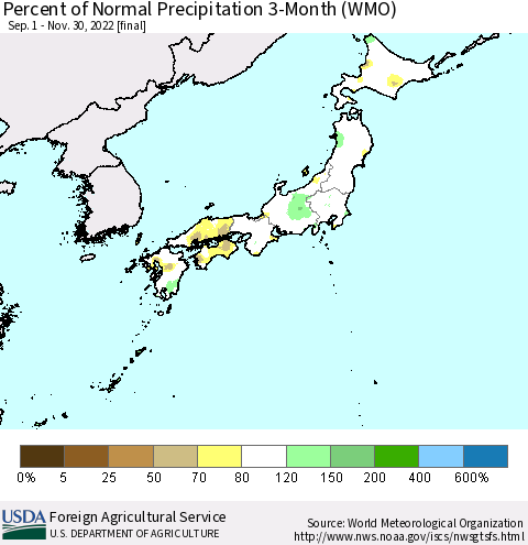 Japan Percent of Normal Precipitation 3-Month (WMO) Thematic Map For 9/1/2022 - 11/30/2022