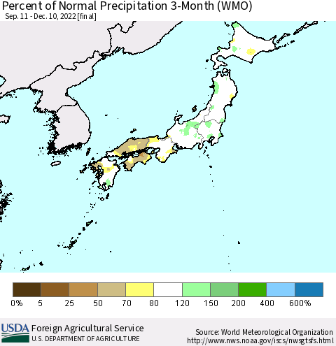 Japan Percent of Normal Precipitation 3-Month (WMO) Thematic Map For 9/11/2022 - 12/10/2022