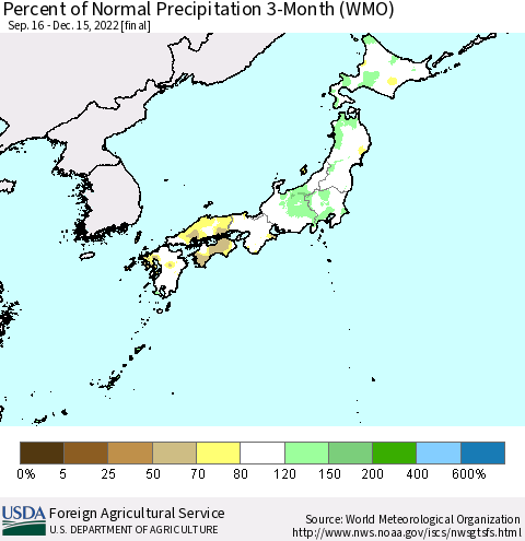 Japan Percent of Normal Precipitation 3-Month (WMO) Thematic Map For 9/16/2022 - 12/15/2022