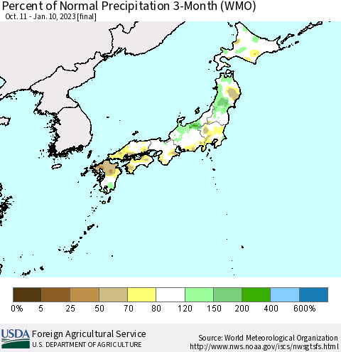 Japan Percent of Normal Precipitation 3-Month (WMO) Thematic Map For 10/11/2022 - 1/10/2023