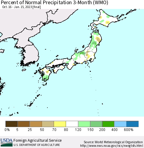 Japan Percent of Normal Precipitation 3-Month (WMO) Thematic Map For 10/16/2022 - 1/15/2023