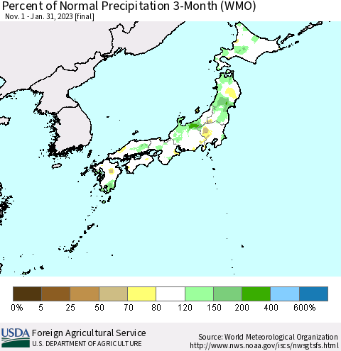Japan Percent of Normal Precipitation 3-Month (WMO) Thematic Map For 11/1/2022 - 1/31/2023
