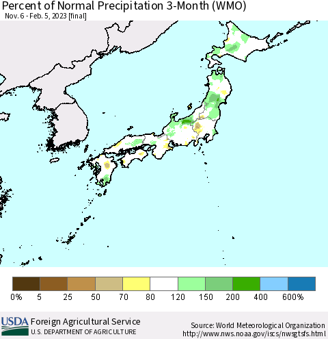 Japan Percent of Normal Precipitation 3-Month (WMO) Thematic Map For 11/6/2022 - 2/5/2023