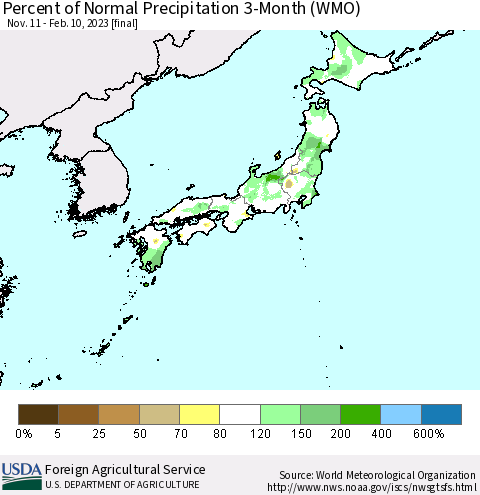 Japan Percent of Normal Precipitation 3-Month (WMO) Thematic Map For 11/11/2022 - 2/10/2023