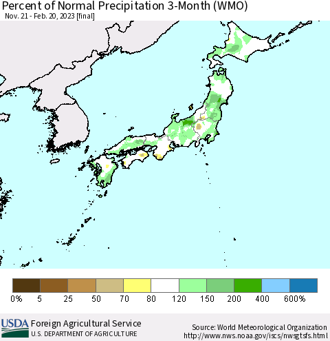 Japan Percent of Normal Precipitation 3-Month (WMO) Thematic Map For 11/21/2022 - 2/20/2023