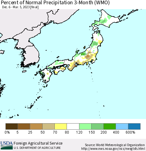 Japan Percent of Normal Precipitation 3-Month (WMO) Thematic Map For 12/6/2022 - 3/5/2023