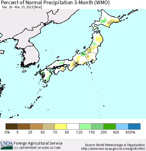 Japan Percent of Normal Precipitation 3-Month (WMO) Thematic Map For 12/26/2022 - 3/25/2023