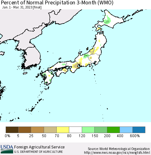 Japan Percent of Normal Precipitation 3-Month (WMO) Thematic Map For 1/1/2023 - 3/31/2023