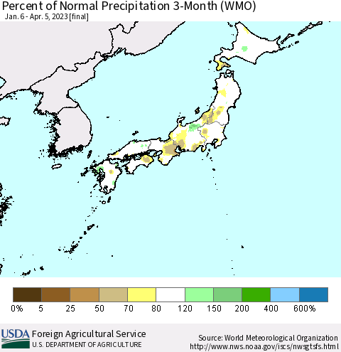 Japan Percent of Normal Precipitation 3-Month (WMO) Thematic Map For 1/6/2023 - 4/5/2023