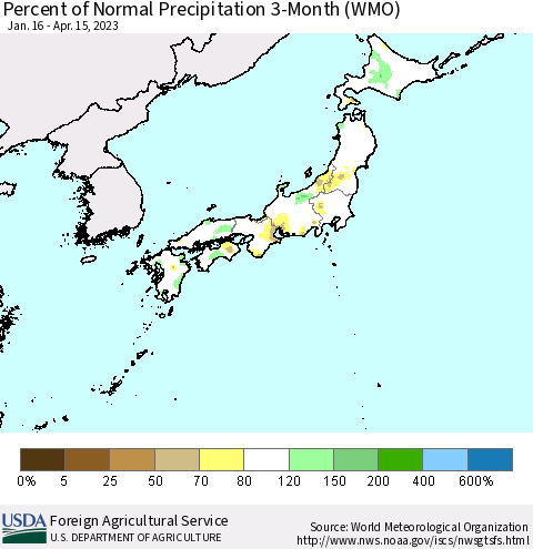 Japan Percent of Normal Precipitation 3-Month (WMO) Thematic Map For 1/16/2023 - 4/15/2023