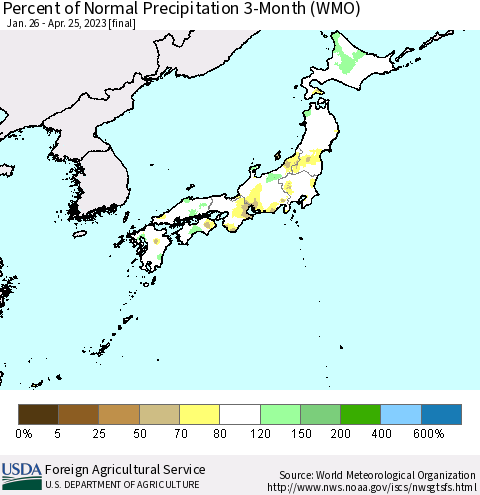 Japan Percent of Normal Precipitation 3-Month (WMO) Thematic Map For 1/26/2023 - 4/25/2023
