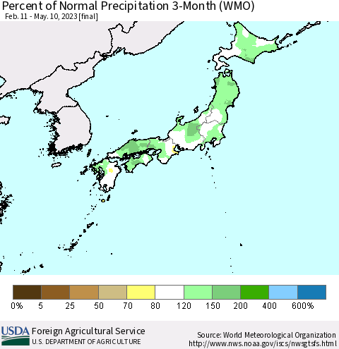 Japan Percent of Normal Precipitation 3-Month (WMO) Thematic Map For 2/11/2023 - 5/10/2023